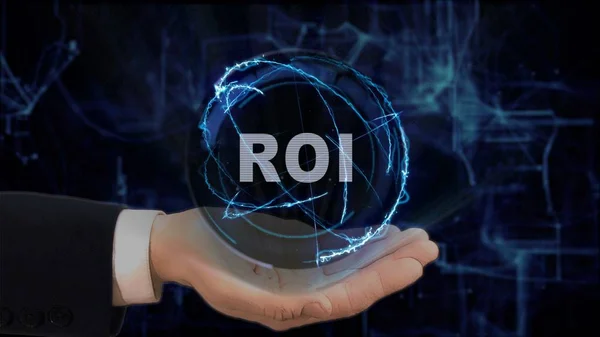 Painted hand shows concept hologram ROI on his hand — Stock Photo, Image