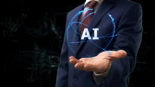 Empresário mostra holograma conceito AI em sua mão — Vídeo de Stock