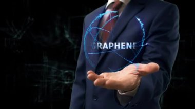 İşadamı kavramı hologram grafen elini üzerinde gösterir. Geleceğin teknolojisi ekran ve modern kozmik arka plan ile iş elbiseli adam