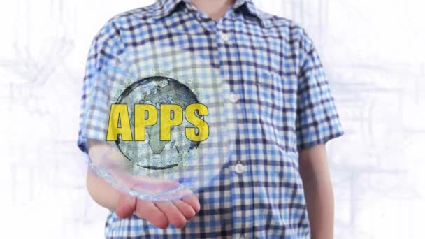 Młody człowiek pokazuje hologram planety ziemi i tekstu do aplikacji — Wideo stockowe