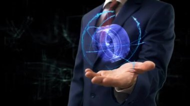 İşadamı kavramı hologram 3d döküm disk elini üzerinde gösterir.