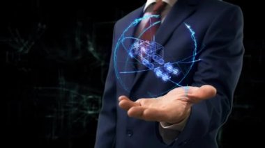 İşadamı kavramı hologram 3d kamyon elini üzerinde gösterir.