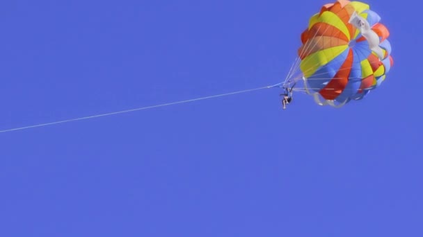 Onherkenbaar persoon vliegt op parasailen bij duidelijk zonnig weer — Stockvideo