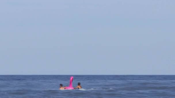 Denizde çocuklarla bir pembe flamingo şeklinde şişme bir daire — Stok video