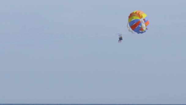 Vrouw kijkt naar een paar onherkenbaar mensen vliegen van een multi-gekleurde parachute — Stockvideo