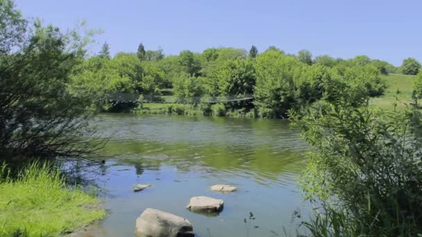 Cable bridge over the river with rocks — Stock Video