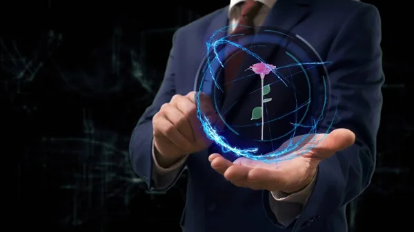 Homme d'affaires montre concept hologramme 3d rose sur sa main Images De Stock Libres De Droits