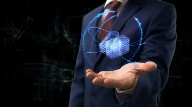 İşadamı kavramı hologram 3d para elinde gösterir.