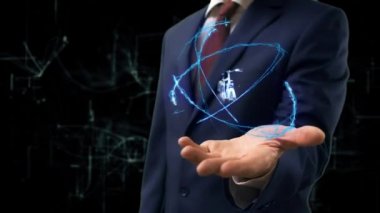 İşadamı kavramı hologram 3d motor elini üzerinde gösterir.