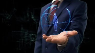 İşadamı kavramı hologram 3d kadın elini üzerinde gösterir.