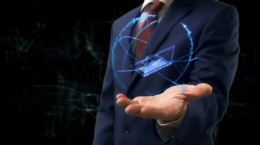 İşadamı kavramı hologram 3d eski laptop elini üzerinde gösterir.