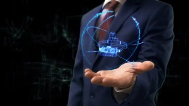 İşadamı kavramı hologram 3d Vr kulaklık elini üzerinde gösterir.