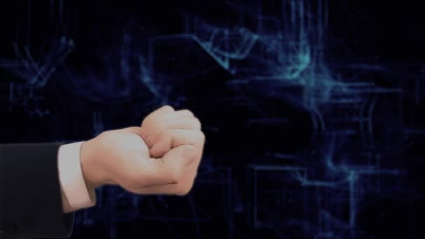 Hand toont concept hologram 3d geld op zijn hand geschilderd — Stockvideo