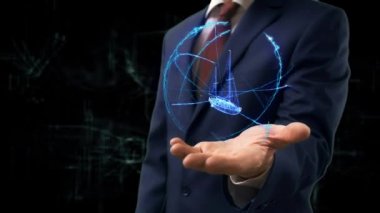 İşadamı kavramı hologram 3d yelkenli gemi elini üzerinde gösterir.
