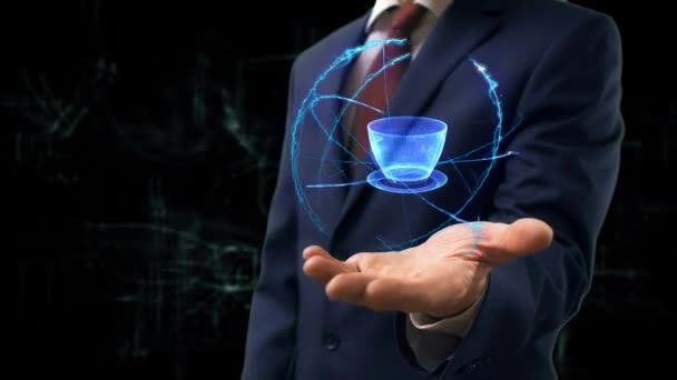Empresário mostra conceito holograma copo 3d em sua mão — Vídeo de Stock
