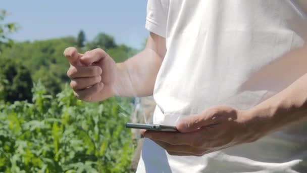 男人在手机上显示概念全息图分析 人在白色 T恤与未来技术全息屏幕和绿色自然背景 — 图库视频影像