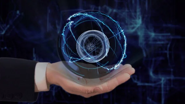 Mano pintada muestra concepto holograma rueda 3d en su mano — Foto de Stock