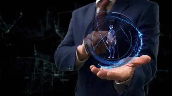 Empresario muestra concepto holograma 3d mujer en su mano —  Fotos de Stock