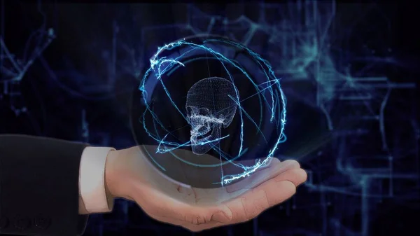 Pintado mão mostra conceito holograma 3d crânio em sua mão — Fotografia de Stock