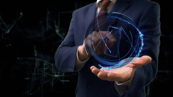 İşadamı kavramı hologram 3d smartphone elini üzerinde gösterir.