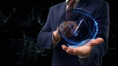 İşadamı elinde konsept hologram 3d gitar gösterir