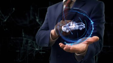 İşadamı kavramı hologram 3d kamyonet elini üzerinde gösterir.