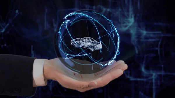 Malowane ręcznie pokazuje koncepcja hologramem 3d Pickup truck na rękę — Zdjęcie stockowe