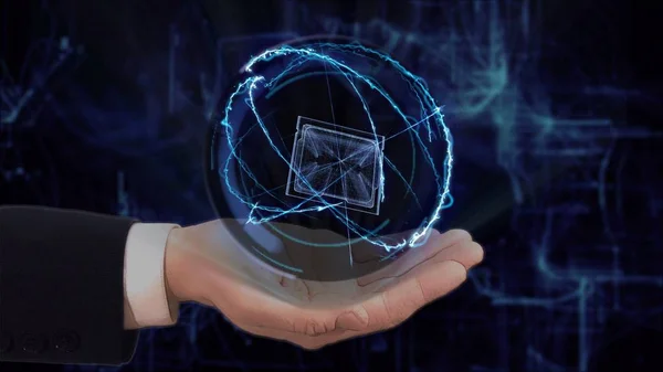 Pintado mão mostra conceito holograma 3d CPU em sua mão — Fotografia de Stock