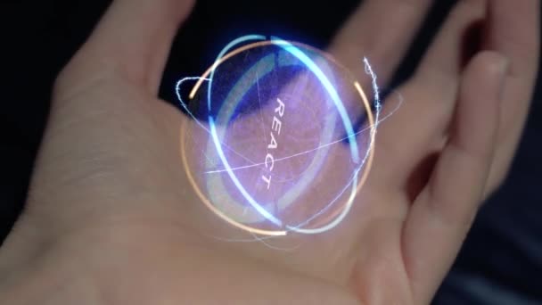 React text hologram on a female hand — Stock Video