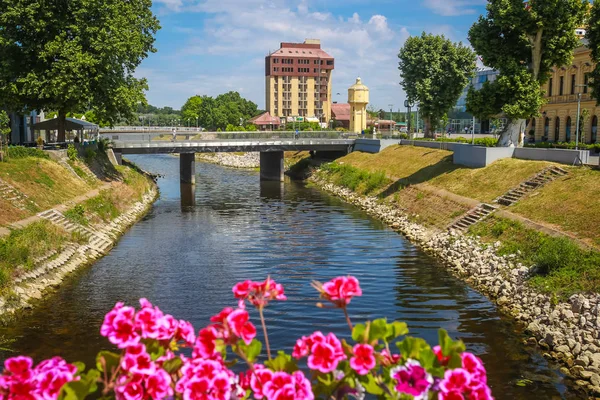 Vukovar, Hırvatistan - 14 Mayıs 2018: Çiçek ve yaya köprüsü Jean Michel Nicolier görünümüyle terk edilmiş otel Dunav içinde belgili tanımlık geçmiş Vukovar, Hırvatistan.