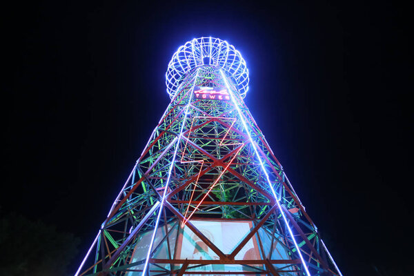 ZAGREB, CROATIA - 25th June, 2018 : The first world replica of the Nikola Tesla Tower as a stage on the 13th INmusic festival located on the lake Jarun in Zagreb, Croatia. 