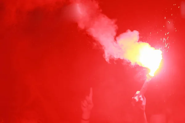 Football Fans Celebrating Victory Burning Torches — Stock Photo, Image