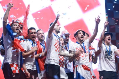 ZAGREB, CROATIA - JULY 16, 2018 : Croatian National Team welcome celebration. Andrej Kramaric, Josip Pivaric, Ivan Rakitic, Marcelo Brozovic, Luka Modric, Danijel Subasic, Sime Vrsaljko, Domagoj Vida.