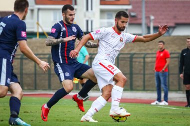 Velika Gorica, Hırvatistan - 25, Ağustos 2018: İlk futbol Hırvat Ligi Hrvatski Telekom, Hnk Gorica ve Rudes tarihinde Gorica stadyum arasında futbol oyunu. Lukasz Zwolinski eylem.