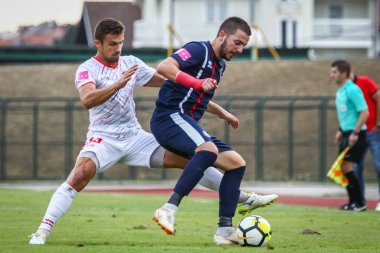 Velika Gorica, Hırvatistan - 25, Ağustos 2018: İlk futbol Hırvat Ligi Hrvatski Telekom, Hnk Gorica ve Rudes tarihinde Gorica stadyum arasında futbol oyunu. Matija Spicic eylem.