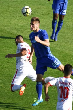 Velika Gorica, Hırvatistan - 15, Eylül 2018: İlk futbol Hırvat Ligi Hrvatski Telekom, Hnk Gorica ve Dinamo Gorica Stadı arasında oyun. Emir Dilaver eylem.