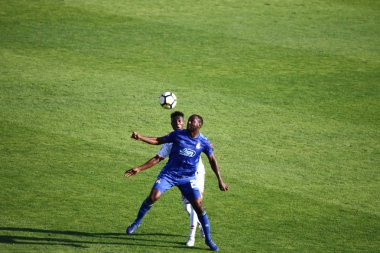 Velika Gorica, Hırvatistan - 15, Eylül 2018: İlk futbol Hırvat Ligi Hrvatski Telekom, Hnk Gorica ve Dinamo Gorica Stadı arasında oyun. Kevin Theophile Catherine vs Iyayi Atiemwen inanıyorum.
