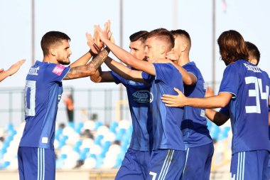 Velika Gorica, Hırvatistan - 15 Eylül 2018: ilk futbol Hırvat Ligi Hrvatski Telekom, Hnk Gorica ve Dinamo Gorica Stadı arasında oyun. Daniel Olmo amaç kutluyor onun takım arkadaşları ile.