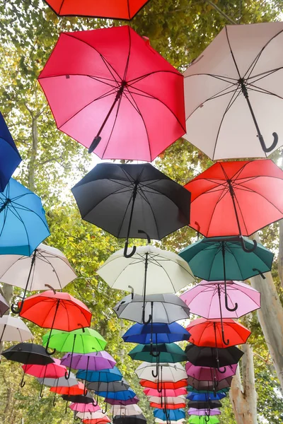 Street Installation Colorful Umbrellas Floating Air — Stock Photo, Image