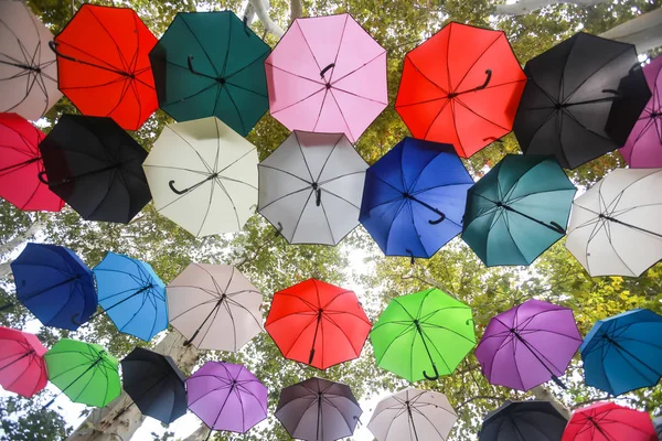 Directly View Street Installation Colorful Umbrellas Floating Air — Stock Photo, Image