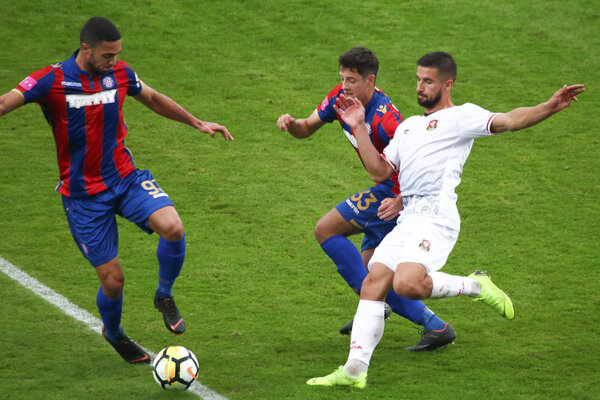 Velika Gorica, Croatia - 4th November 2018 : The first football Croatian league, football game between Hnk Gorica and Hajduk on Gorica stadium. Zwolinski Lukasz, Domagoj Bradaric and Jradi Bassel Zakaria in action.