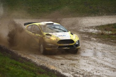 Sveta tepe, Hırvatistan - 25 Kasım 2018. 9 ralli Santa Domenica göster. Janos Szilagyi ve Alexandra Ford Fiesta R5 içinde yarış Varadi kimden Hırvatistan.