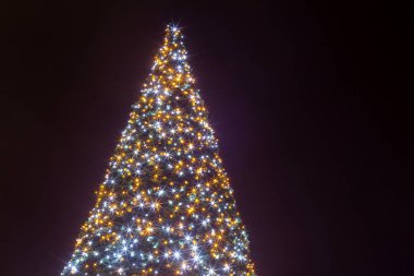 Geceleri dekore edilmiş bir aydınlatıcı Noel ağacı.