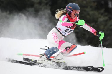 Zagreb, Hırvatistan - 5 Ocak 2019: Audi FIS alp Kayak Dünya Kupası Bayanlar Slalom, kar kraliçesi kupa 2019 Zagrep, Hırvatistan sırasında Elise Pellegrin Malta'dan yarışıyor.