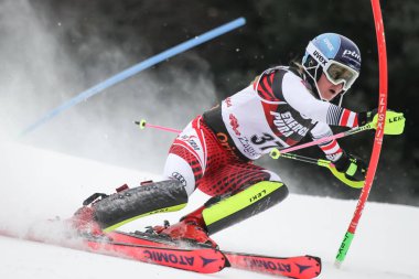Zagreb, Hırvatistan - 5 Ocak 2019: Avusturyalı Chiara Mair Audi Fis Alpine Alpine Dünya Kayak Şampiyonası Bayanlar Slalom, Kar Kraliçesi Kupası 2019 Zagreb, Hırvatistan 'da yarışacak.