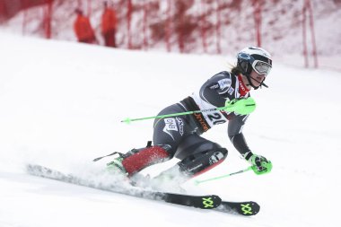 Zagreb, Hırvatistan - 5 Ocak 2019: Norveç 'ten Mina Fuerst Holtmann, Hırvatistan' ın başkenti Zagreb 'de düzenlenen Audi Fis Alpine Dünya Kayak Şampiyonası Bayanlar Slalom, Kar Kraliçesi Kupası 2019' da yarıştı..