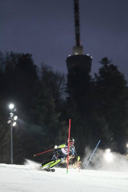 Zagreb, Croatia - January 5, 2019 : Anna Swenn Larsson from Sweden competes during the Audi FIS Alpine Ski World Cup Women's Slalom, Snow Queen Trophy 2019 in Zagreb, Croatia. clipart