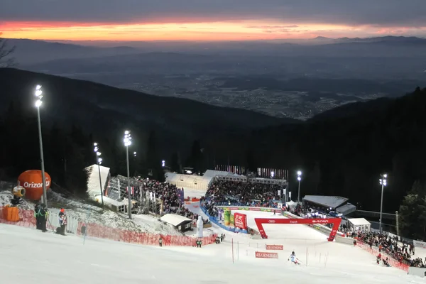 Zagreb Kroatië Januari 2019 Weergave Van Skiër Met Finishlijn Met — Stockfoto