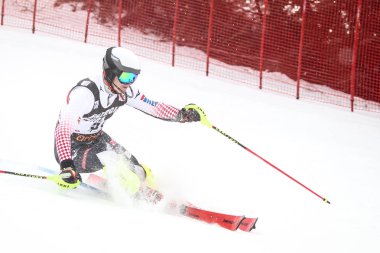 Zagreb, Hırvatistan - 6 Ocak 2019: Filip Zubcic kimden Hırvatistan sırasında Audi FIS alp Kayak Dünya Kupası Mens Slalom, kar kraliçesi kupa 2019 Zagrep, Hırvatistan için yarışıyor.