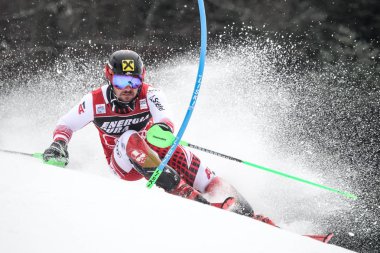 Zagreb, Hırvatistan - 6 Ocak 2019: Avusturyalı Marcel Hirscher Audi Fis Alpine Alpine Kayak Şampiyonası Erkekler Slalom, Kar Kraliçesi Kupası 2019 'da Hırvatistan' ın başkenti Zagreb 'de yarışacak.